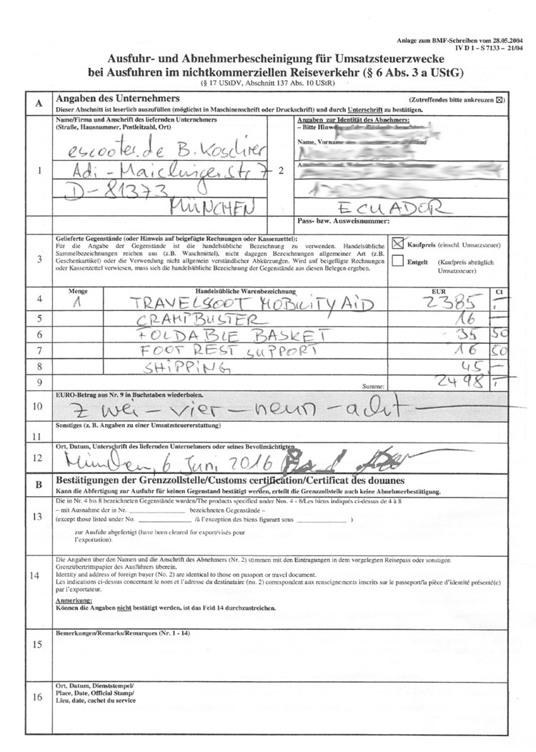 Certificat d'exportation - établissement et note de crédit - Export process for VAT refund
