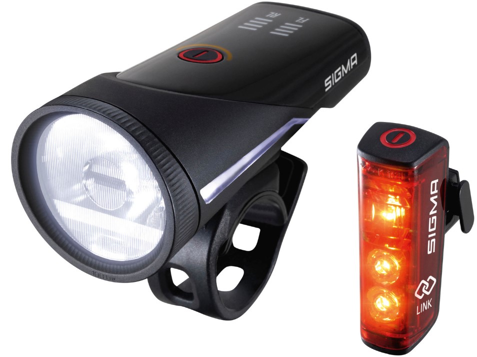 SIGMA SPORT Akku-LED-Leuchten-Set Aura LINK USB Blaze - 100 Lux inkl. Bremslicht & Funkfunktion