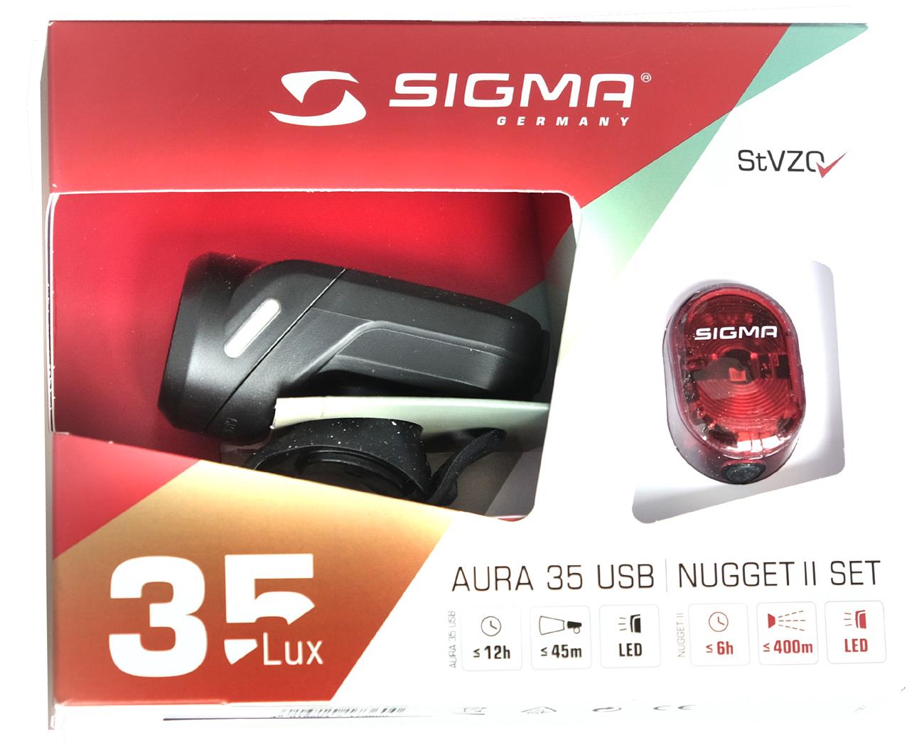 SIGMA SPORT Kit d'éclairage LED à batterie Aura front &amp; Nugget II rear